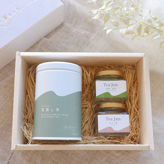 お茶と、暮らしと 深蒸し茶ティーバッグ缶+Teaミルクジャム 2種各45g(抹茶・ほうじ茶)