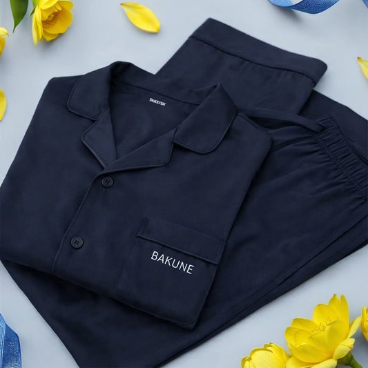 リカバリーウェア BAKUNE パジャマサテン上下(Unisex) ネイビーL