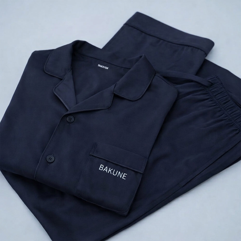 リカバリーウェア BAKUNE パジャマサテン上下(Unisex) ネイビーXL